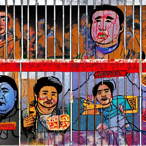 Image similar to uyghur Uighur in a prison behind bars, organ harvesting, in the style of daniel johnston and outsider art, 4k, line brush, overlaid with chinese adverts