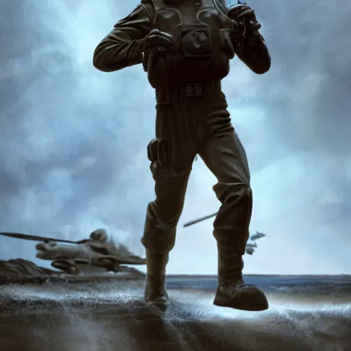 Prompt: captain j. kirk from star trek storming the beaches of normandy on d - day. film still, detailed face, ultra realism, dramatic lighting, thunderstorm, action pose, zeiss lens, canon eos, artstation, dynamic pose, redshift, octane