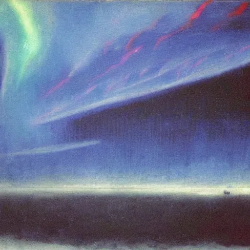 Image similar to the epic abstract painting'blue arctic void with black and red aurora borealis above a tiny inuit village ', by caspar david friedrich!!!, by rothko!!!, stunning masterpiece, trending on artstation