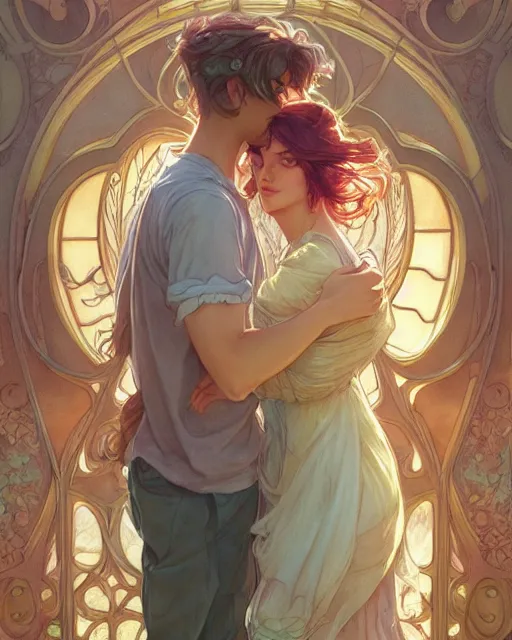 Image similar to secret romance, highly detailed,, gold filigree, romantic storybook fantasy, soft cinematic lighting, award, disney concept art watercolor illustration by mandy jurgens and alphonse mucha and alena aenami, pastel color palette, featured on artstation