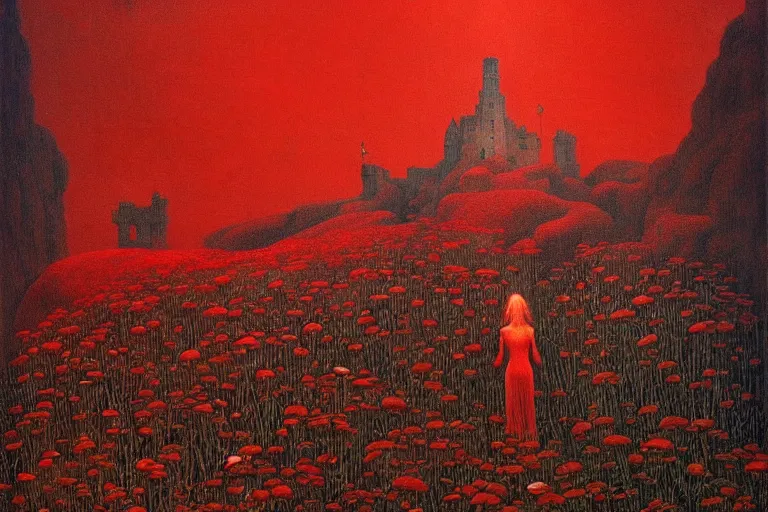 Image similar to only with red, red flowers of different types, a red tiger, a castle in the background, medieval demons dance over the flowers, an ancient path, in the style of beksinski, part by hopper, part by rodcenko, part by hofbauer, intricate composition, red by caravaggio, insanely quality, highly detailed, masterpiece, red light, artstation