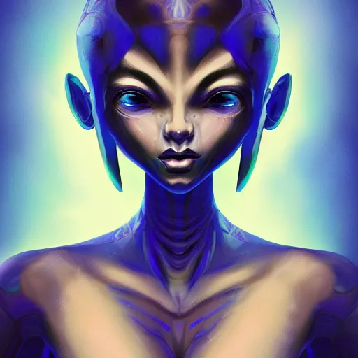 Prompt: antrophomorphic blue alien girl, intricate, highly detailed, digital painting, artstation, oppressive lighting, fashion concept art, sharp focus, illustration