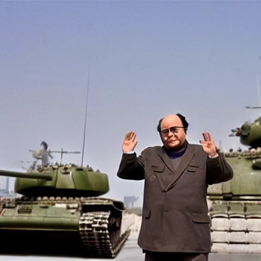 Prompt: Danny DeVito standing in front of Chinese tanks, photograph taken by AP, Tiananmen Square, Beijing