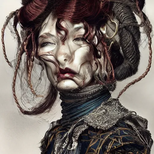 Image similar to portrait of a Shibari rope wrapped face and neck, headshot, insanely nice professional hair style, dramatic hair color, digital painting, of a old 17th century, old cyborg merchant, amber jewels, baroque, ornate clothing, scifi, realistic, hyperdetailed, chiaroscuro, concept art, art by Franz Hals and Jon Foster and Ayami Kojima and Amano and Karol Bak,