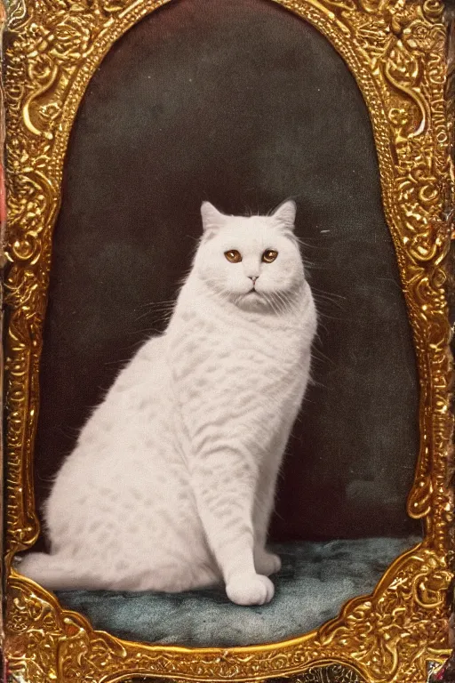 Image similar to a magnificent tintype portrait of a fluffy fat cat on an embroidered velvet cushion on a neo - rococo gilded little bed with precious stones, ball of yarns all around, photorealistic, photography, wide shot