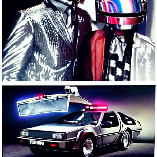 Prompt: Daft Punk with Marty McFly clothes with the Delorean, 80s style