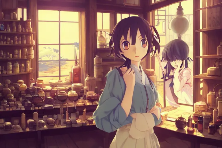 Prompt: anime visual, portrait of a young female traveler in a alchemist's shop interior, cute face by yoh yoshinari, katsura masakazu, studio lighting, dynamic pose, dynamic perspective, strong silhouette, anime cels, ilya kuvshinov, cel shaded, crisp and sharp, rounded eyes, moody, ( ( blue tones ) )