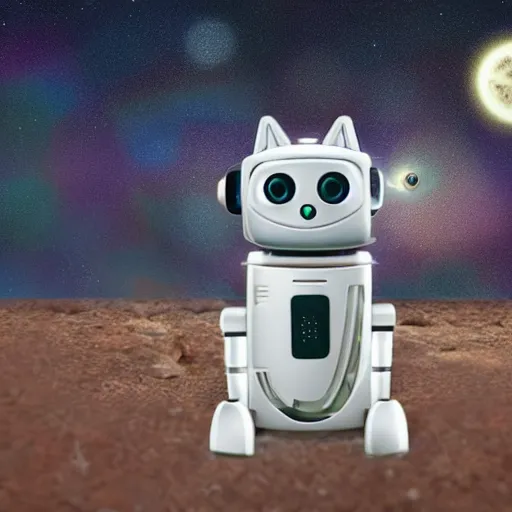 Image similar to a robot cat sitting in a tiny rocket among the stars with a little fish toy in its mouth