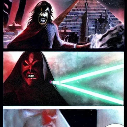 Prompt: morbius. morbius!!!!!!!!!! morbius. morbius holding a lightsaber. and skywalker, pyramids in background.