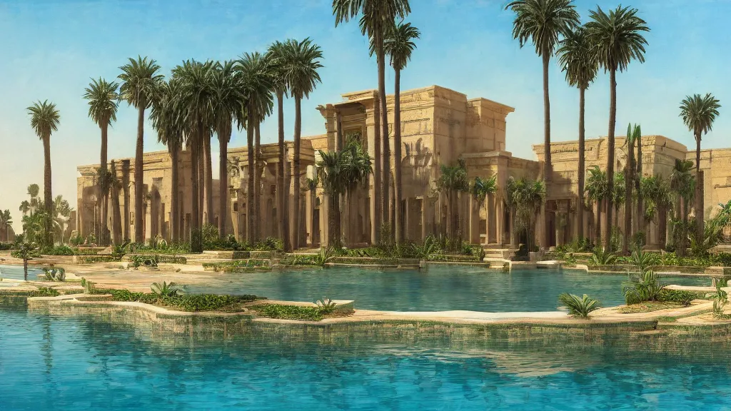 Prompt: an oil painting of the front of a new egyptian!! palace, with a small pool in front, exterior view, close - up, mid - day, palm trees and lush vegetation, hieroglyphs!!!!!!!!!! on the buildings, ray - traced reflections of the buildings and trees in the water