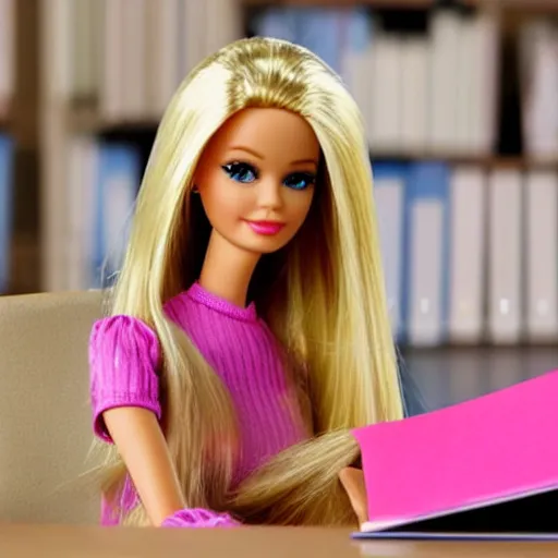 Prompt: a tired!!!!! and sad!!!!! looking barbie doll sits at a desk in her office. she is surrounded by towers!!!! of loose papers!!!!!. her head is resting on her hand, photorealistic,