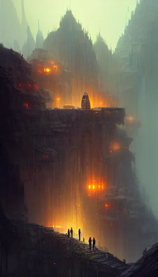 Image similar to concept art of a sci - fi post - apocalyptic monastery at the top of a mountain, grimy, gritty, blade runner 2 0 4 9, trending on artstation, award winning painting, cgi, art by john berkey and anton fadeev and john howe and simon stalenhag