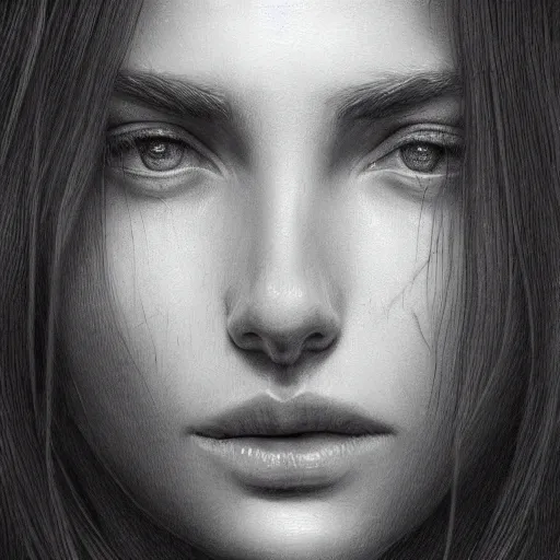 Prompt: face of a beautiful young woman, pencil art, ink and pencil, hyperrealistic, hyperdetailled, digital art, greg rutkowski, artstation, 8 k, beautiful drawing, paper texture