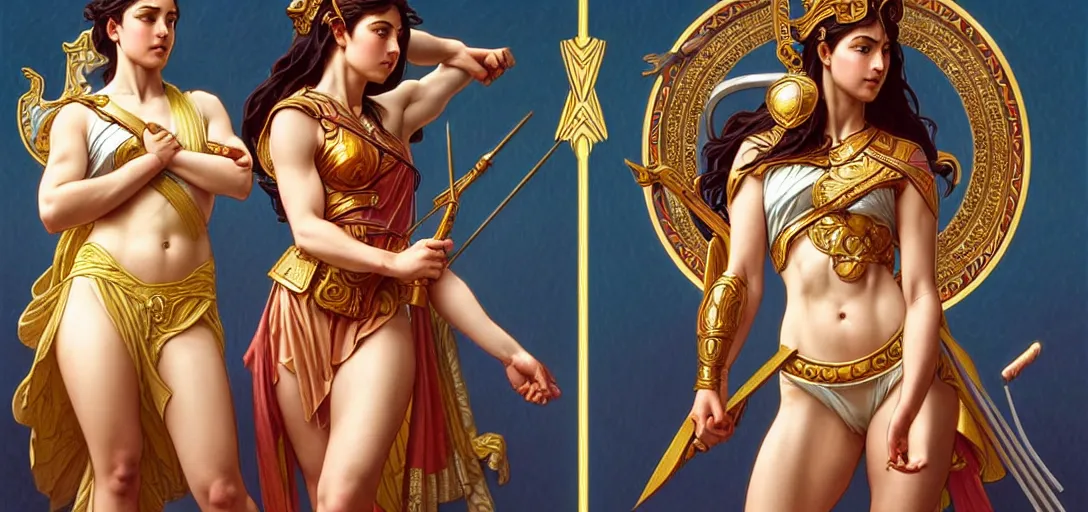 Image similar to symmetry!! intense fanart of 3 / 4 front pose of athena the goddess of war next to aphrodite the goddess of love, intricate, elegant, highly detailed, my rendition, digital painting, artstation, concept art, smooth, sharp focus, illustration, art by artgerm and greg rutkowski and alphonse mucha