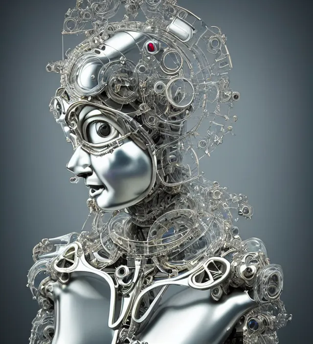 Image similar to beautiful cybernetic baroque robot, beautiful baroque porcelain face + body is clear plastic, inside organic robotic tubes and parts, silver ganesha, symmetric, front facing, wearing translucent baroque rain - jacket + symmetrical composition + intricate details, hyperrealism, wet, reflections + by alfonse mucha and moebius, no blur dof bokeh