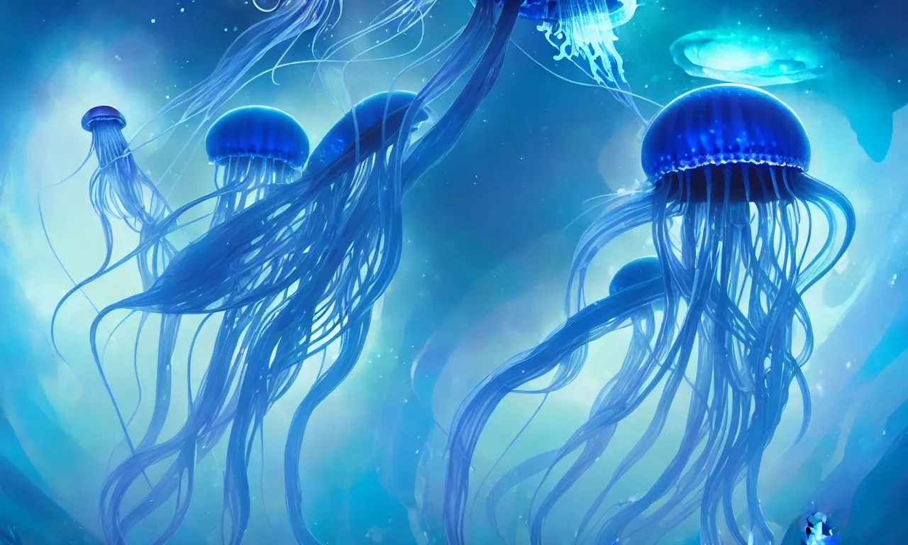 Image similar to detailed jellyfish in space, blue tones, underwater in ocean, full frame, highly detailed, digital painting, artstation, concept art, smooth, sharp focus, illustration, art greg rutkowski and alphonse mucha