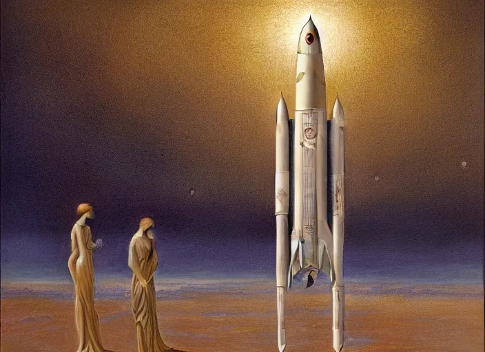 Prompt: a silver vintage and minimalist rocket has landed in a desert, by jean delville and sophie anderson and mandy jurgens, retrofuturism, moody atmosphere, cinematic atmospheric, cinematic lighting, golden ratio, perfect composition, elegant, no crop, extremely detailed, 4 k, hd, sharp focus, masterpiece, trending on artstation