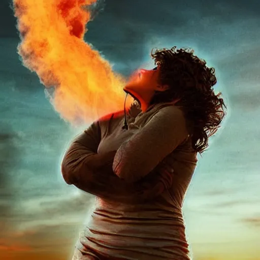 Image similar to a woman up there, sci - fi, town, on fire, giant, photoshop, colossal, creative and cool, photo manipulation, low angle