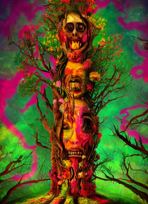 Image similar to a psychedelic surreal horror totem made of trees and multicolor flowers, fulcolor octane remder, cinematic