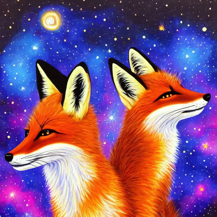 Image similar to a painting of a fox looking up at the colourful galaxy in the style of Starry Night, highly detailed, trending on artstation