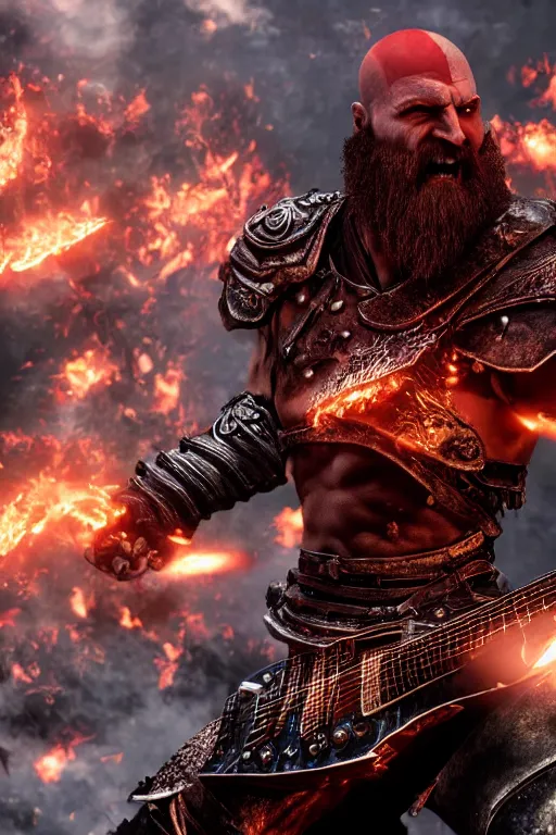 Prompt: screaming armored kratos rocking out on a flaming stratocaster guitar, cinematic render, god of war 2 0 1 8, playstation studios official media, lightning, flames, red facial stripe, red facial stripe, clear, coherent