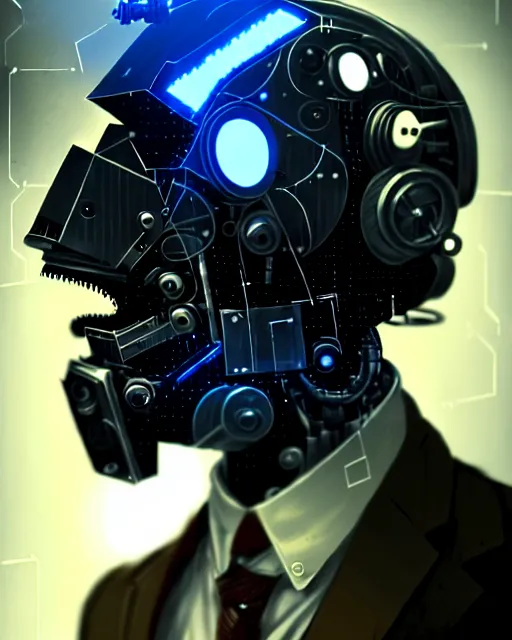 Image similar to a rugged young engineer man with cybernetic enhancements wearing a suit and bowtie, detailed face with mask, scifi character portrait by greg rutkowski, esuthio, craig mullins, 1 / 4 headshot, cinematic lighting, dystopian scifi gear, gloomy, profile picture, mechanical, half robot, implants, steampunk