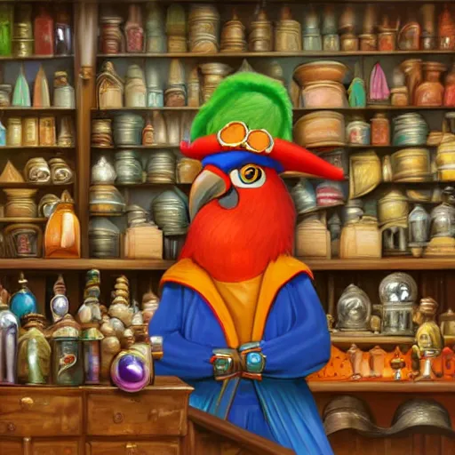 Image similar to Anthropomorphic parrot trader in his shop, shelves full, selling a gem, portrait, items, magic potions, carpet, window, fancy funny hat, sly expression , cunning expression, cute expression, presenting magic gem, D&D, fantasy, cinematic lighting, highly detailed, digital painting, artstation, concept art, smooth, sharp focus, illustration, warm light, cozy warm tint, magic the gathering artwork, volumetric lighting, 8k, no gold, no gold colours, art by Akihiko Yoshida, Greg Rutkowski