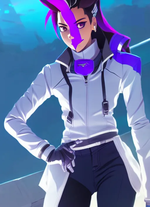 Prompt: a full body portrait of sombra from overwatch in anime style, finely detailed features, closeup at the faces, perfect art, in the airport yard, gapmoe yandere grimdark, trending on pixiv fanbox, painted by greg rutkowski makoto shinkai takashi takeuchi studio ghibli, akihiko yoshida