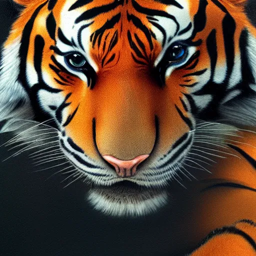 Prompt: A close up shot of a tiger, ultra high detailed, oil painting, Greg Rutkowski, Charlie Bowater, Yuumei, Yanjun Cheng, unreal 5, DAZ, hyperrealistic, octane render, RPG portrait, dynamic lighting, fantasy art, beautiful