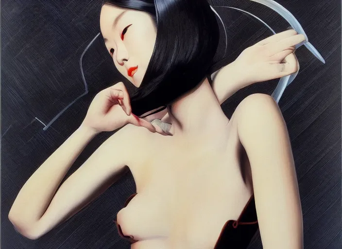 Image similar to beautiful chinese girl, full body, high fashion, futurism, aerodynamic, intricate, slick, highly detailed, digital painting, vogue, concept art, smooth, sharp focus, oil painting, art by syd mead and kandinsky and annie leibovitz