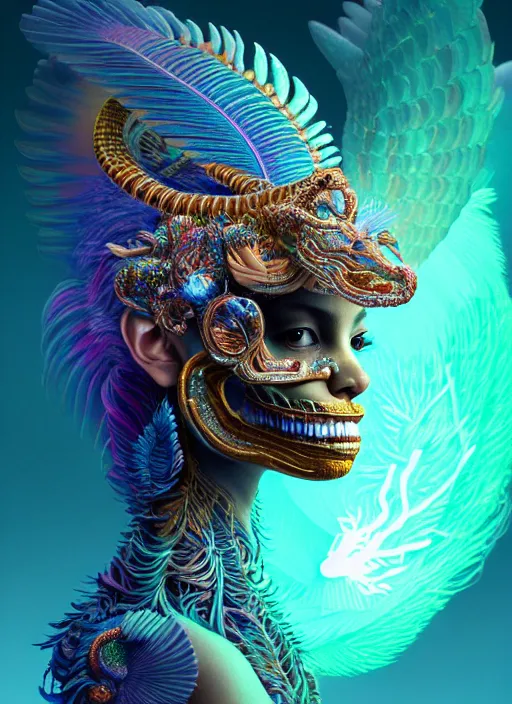 Image similar to 3 d goddess portrait, 8 k micro details global illumiantion beautiful intricate highly detailed quetzalcoatl skull and feathers. bioluminescent, plasma, fire, snow, water, wind, creature, thunderstorm! artwork by tooth wu and wlop and beeple and greg rutkowski, trending on artstation,