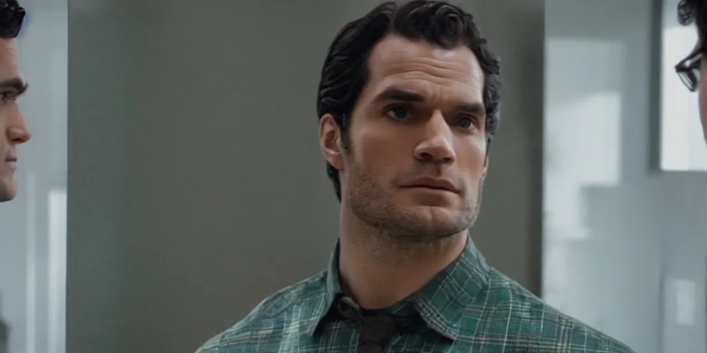 Image similar to ultra wide angle photo of henry cavill dressed in a a green flannel shirt and black dress pants as clark kent looking at himself in a bathroom mirror and seeing his reflection as superman