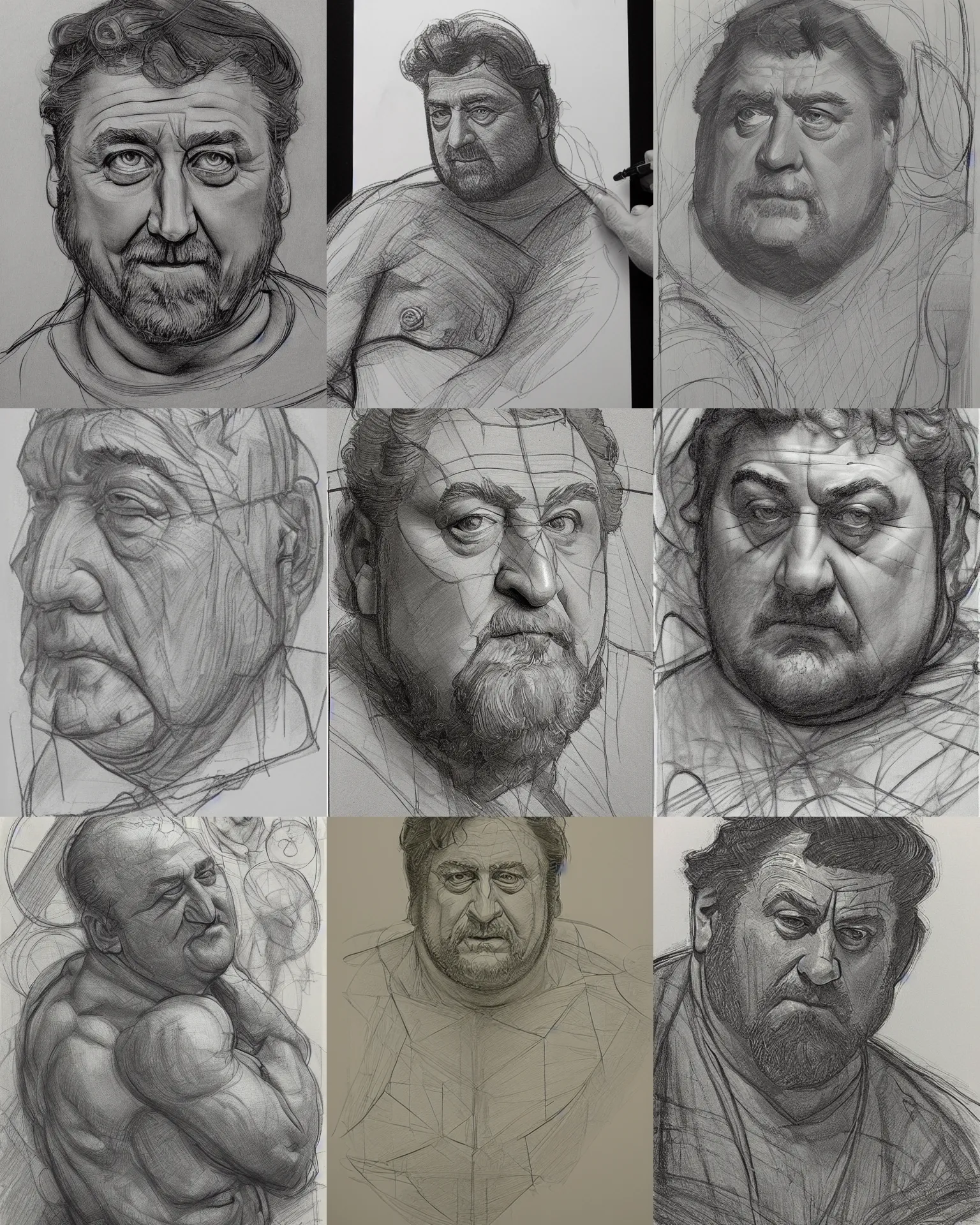 Prompt: linework construction lines preliminary vine charcoal underdrawing of john goodman, by donato giancola, andrew loomies, burne hogarth, michelangelo, leonardo da vinci