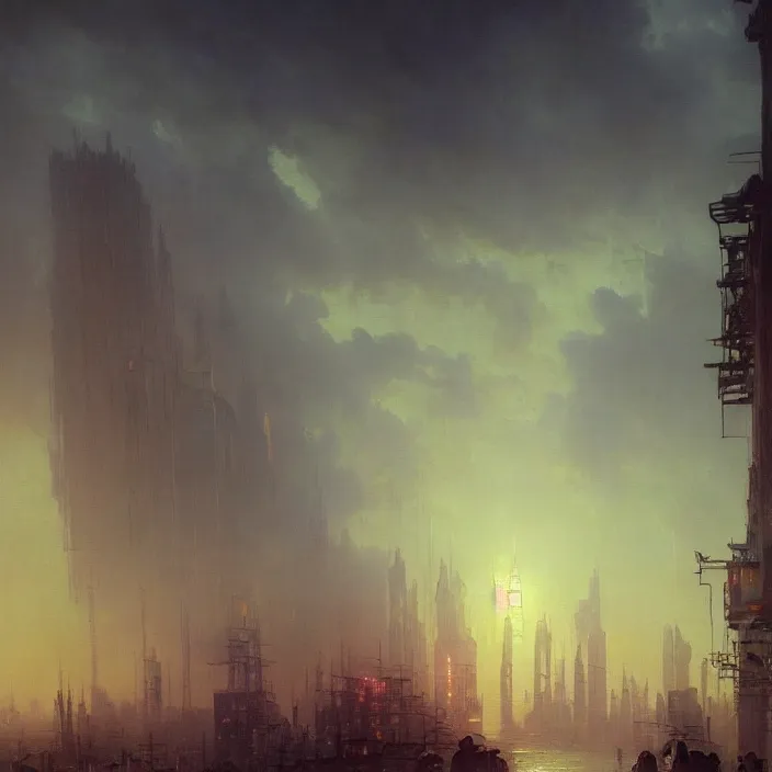 Image similar to a beautiful oil painting of a cyberpunk city on the wasteland by ivan aivazovsky and greg rutkowski and james gurney and frank lloyd and sung choi and monet, in style of impressionnisme. hyper detailed, sharp focus, soft light. unreal engine 5 lumen. ray tracing. trending on artstation. oil on canvas