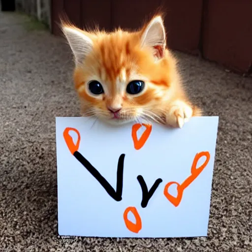 Image similar to cute fluffy orange tabby kitten with a sign that says