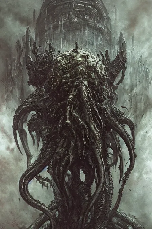 Prompt: portrait of cthulhu by hr giger, greg rutkowski, luis royo and wayne barlowe as a diablo, resident evil, dark souls, bloodborne monster