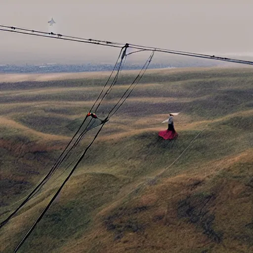 Prompt: a person on a hill flying a kite, next to a high-voltage transmission lines, in the style of filmmaker Shunji Iwai,