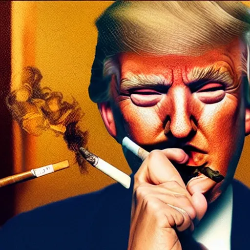 Image similar to a high detail photo of donald trump smoking a cigarrette, subject= donald trump, subject detail: extremly detailed, subject action: smoking a cigar, photorealism, dramatic lighting, award winning photograph, trending on artstation