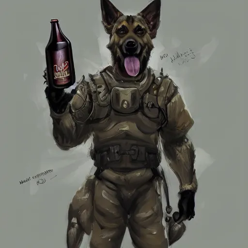 Image similar to a humanoid german shepherd beast - man in military style, holding a bottle of beer, artstation, concept art, smooth, sharp foccus ilustration, artstation