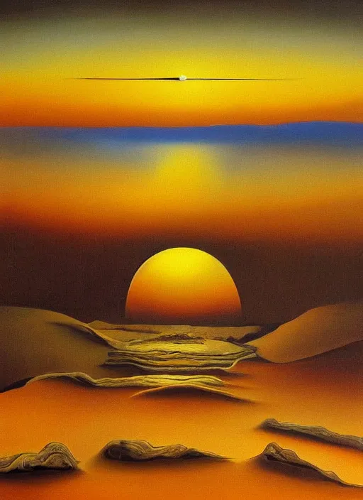 Prompt: high detailed oil painting of sunrise in desert painted by salvador dali