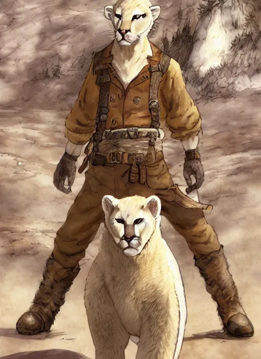 Image similar to character portrait of a anthro!! albino mountain lion wearing miner's clothes at the mines. hidari, color page, tankoban, 4K, tone mapping, Akihiko Yoshida.