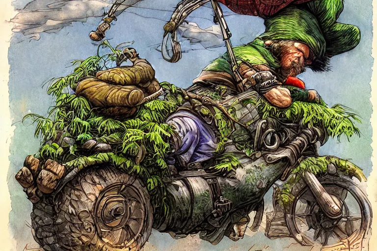 Image similar to a highly detailed garden gnome hanging off the back of a car in full speed, trying to hold on, desperate, wide angle, an ultrafine detailed painting by p. craig russell and barry windsor - smith, trending on deviantart, octane, masterpiece