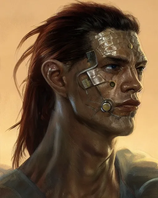 Image similar to '' Face portrait of a handsome fighter, reptile skin, reptile eyes, long hair with a ponytail , sci-fy, cyberpunk, high detail, 4k , digital painting, artstation, concept art, sharp focus, illustration, art by greg rutkowski and alphonse mucha ''