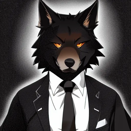 Prompt: key anime visual professional art of a close shot of an anthropomorphic black male wolf anthro furry fursona, wearing a business suit, handsome male eyes, anime office interior, official anime still, anime