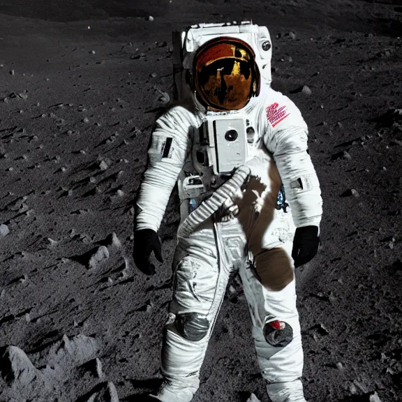 Image similar to dustin bates from starset on sci fi spacesuit doing an epic cinematic pose on the moon, highly detailed, masterpiece