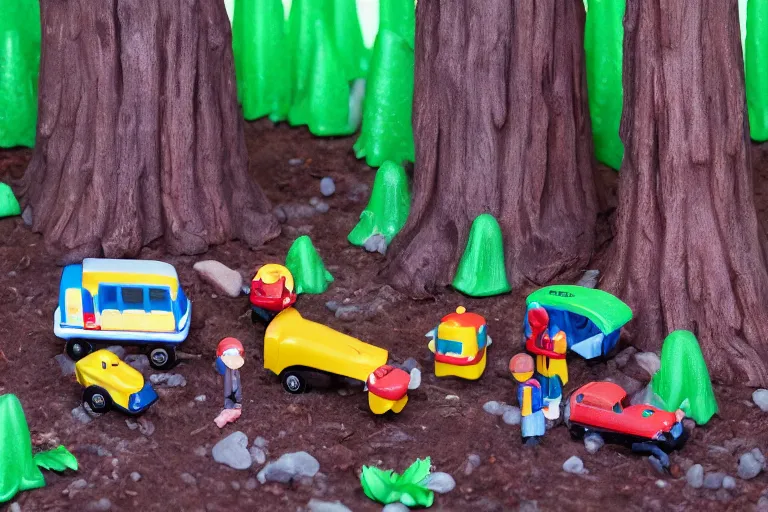 Image similar to fisher price redwood forest, california scene from tv show 5 5 mm 8 5 mm, toy photography, made out of plastic