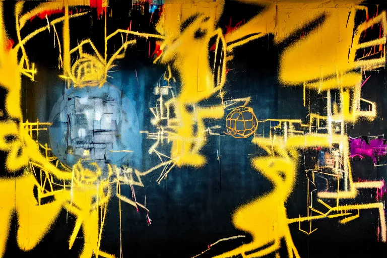 Prompt: creepy golden ball, multilayer glitch effect in spatial perceptron synapses, matte painting, 4 k, epic composition, volumetric light, abstract illusionism, by robert rauschenberg, konstantinas ciurlionis, jean - michel basquiat, pour paint, modern street art, grunge wall, industrial