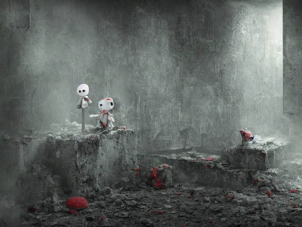 Prompt: cute fumo plush girl ghost lingering in a mysterious concrete wartorn brutalist ruin infected by floating spores of red parasitic fungus, technicolor horrorscape, chibi gothic maiden in tattered rags, dramatic three point lighting, glowing wisps of hazy green smoke and eerie volumetric fog swirling about, vray