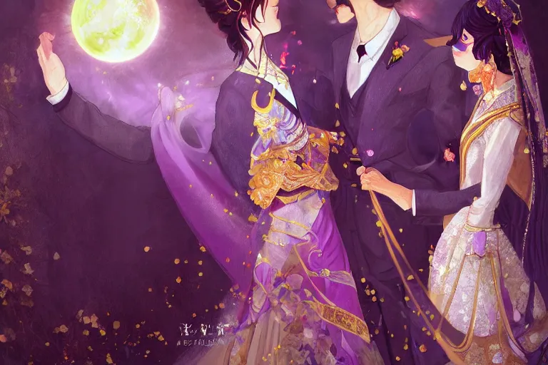 Image similar to a cinematic portrait of wedding photograph jpeg close up moment of a divine a japan sun god and moon goddess lovers magician at a wedding banquet. portraiture. digital painting. artstation. concept art. wedding photo. digital painting. violet evergarden art masterpiece by art by krenz cushart