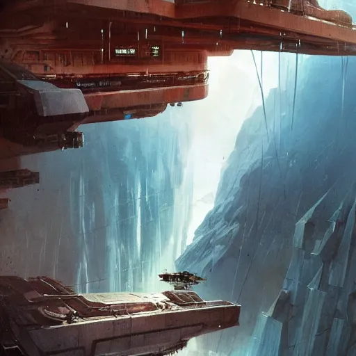 Prompt: view from below of an arcology driven like a spear into the glacier, rust-colored waterfalls pouring from its upper balconies, blue radiation glow beneath, science fiction concept art by Greg Rutkowski and Moebius and Le Corbusier